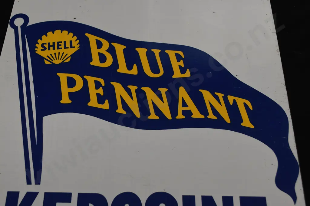 SHELL BLUE PENNANT KEROSINE PAINTED TIN SIGN Image 1++