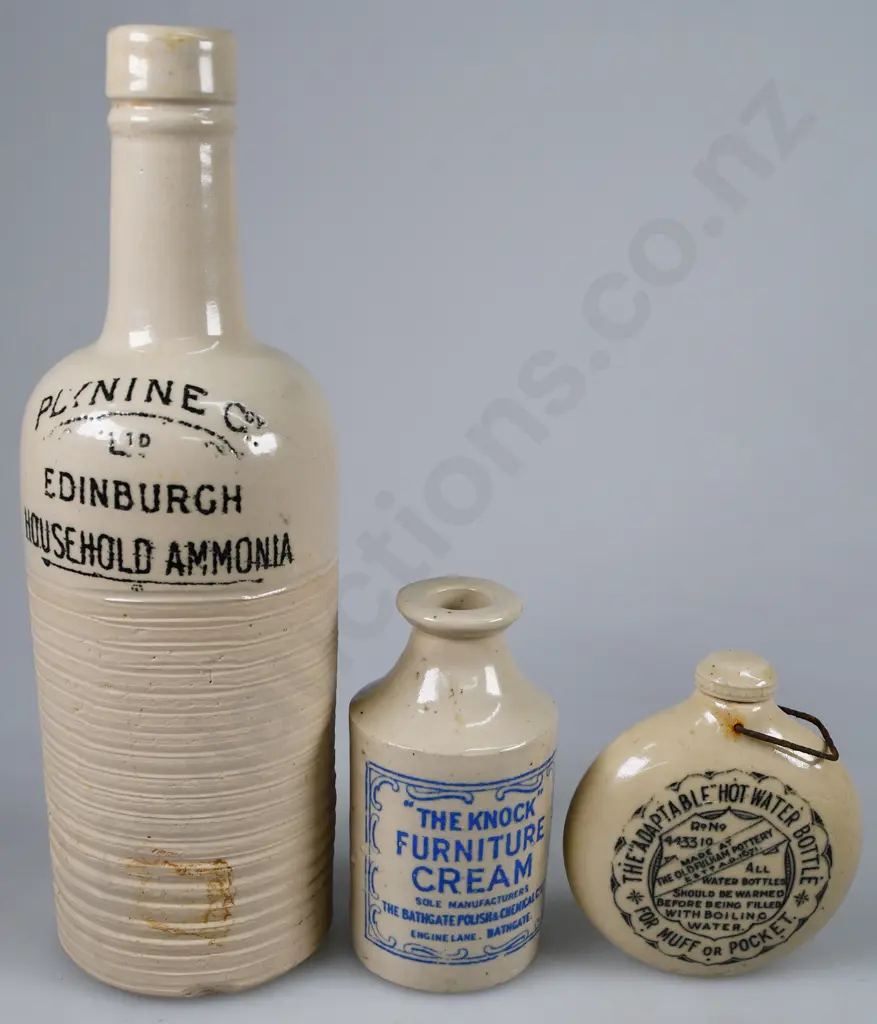 PLYNINE AMMONIA,  FURNITURE CREAM STONEWARE BOTTLES, MUFF WARMER Image 1++