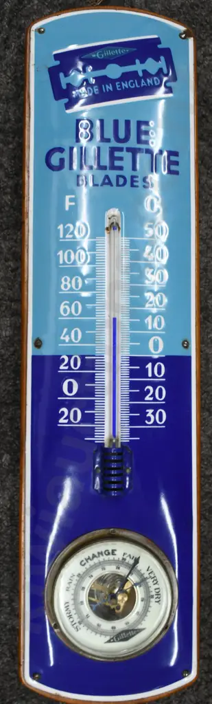 GILLETTE ENAMEL SIGN WITH BAROMETER & THERMOMETER Image 1++