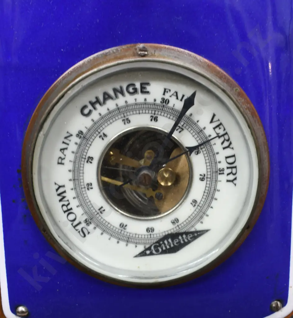 GILLETTE ENAMEL SIGN WITH BAROMETER & THERMOMETER Image 1++