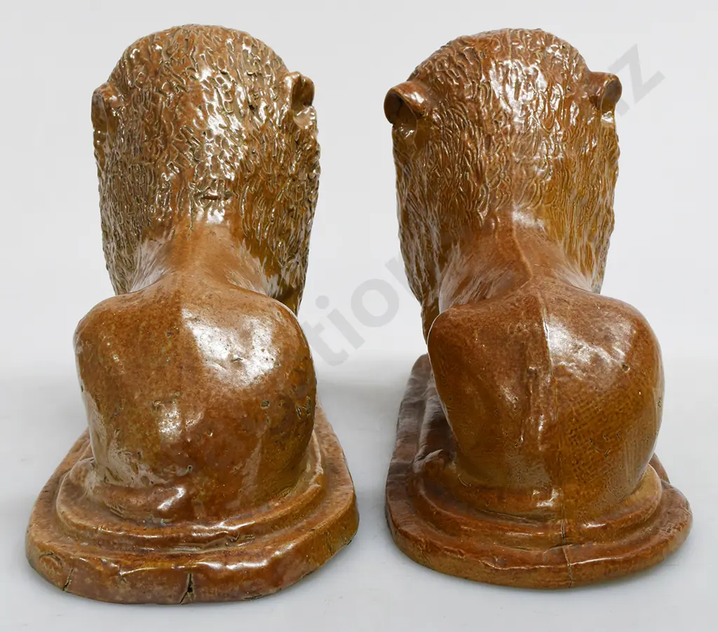 PAIR COLONIAL SALT GLAZED POTTERY LIONS Image 1++