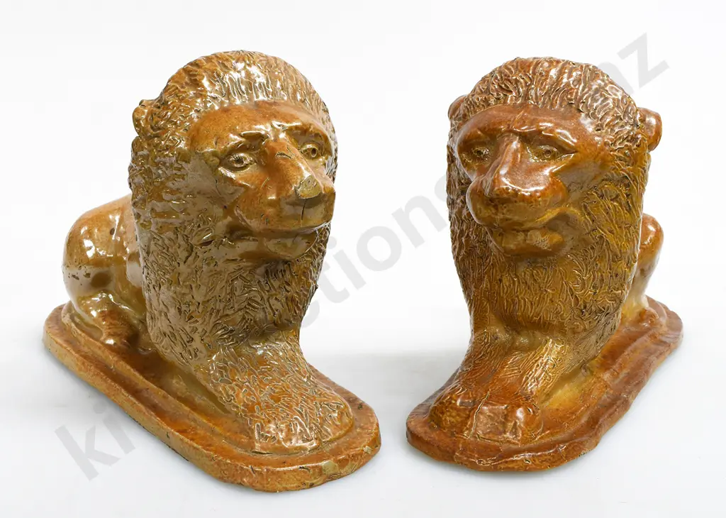 PAIR COLONIAL SALT GLAZED POTTERY LIONS Image 1++