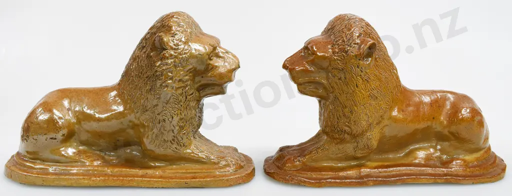 PAIR COLONIAL SALT GLAZED POTTERY LIONS Image 1++