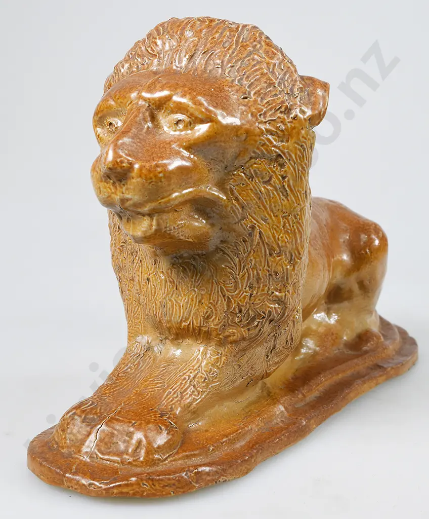 PAIR COLONIAL SALT GLAZED POTTERY LIONS Image 1++