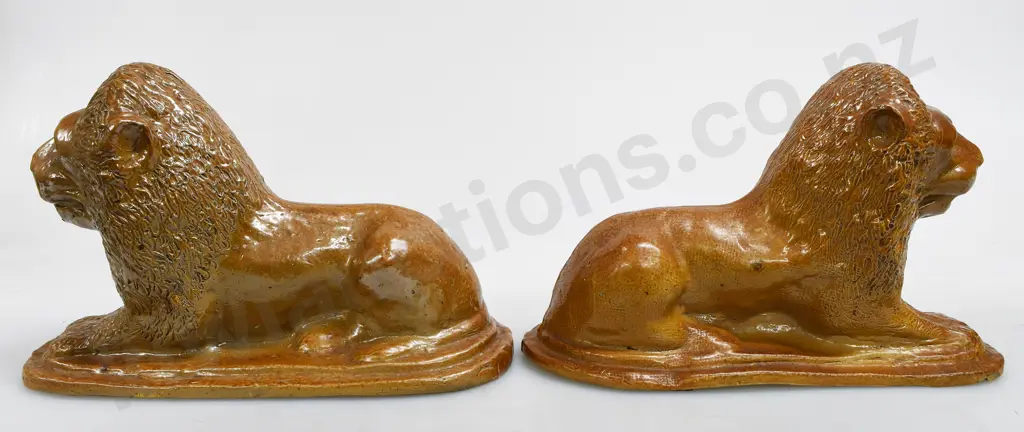 PAIR COLONIAL SALT GLAZED POTTERY LIONS Image 1++