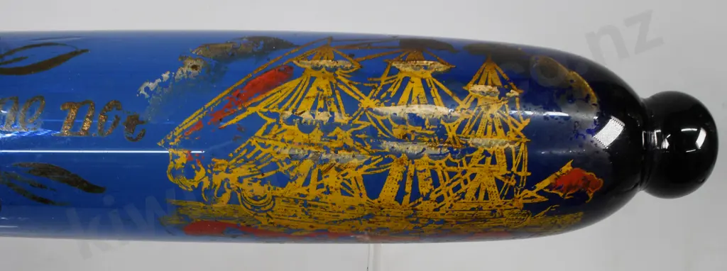 COBALT GLASS ROLLING PIN NORTHUMBERLAND SAILING SHIP DATED 1874 Image 1++