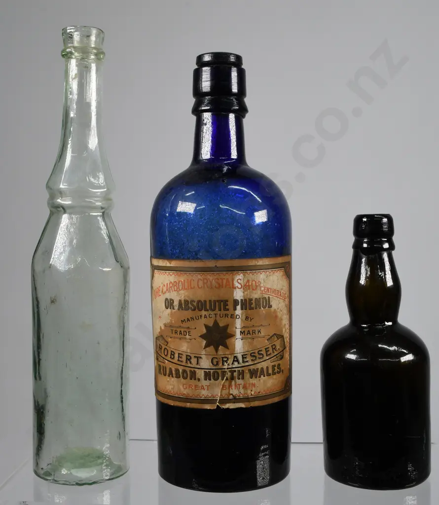 ASSORTED BOTTLES, GOLDFIELDS OIL, BLACK GLASS, BLUE Image 1++