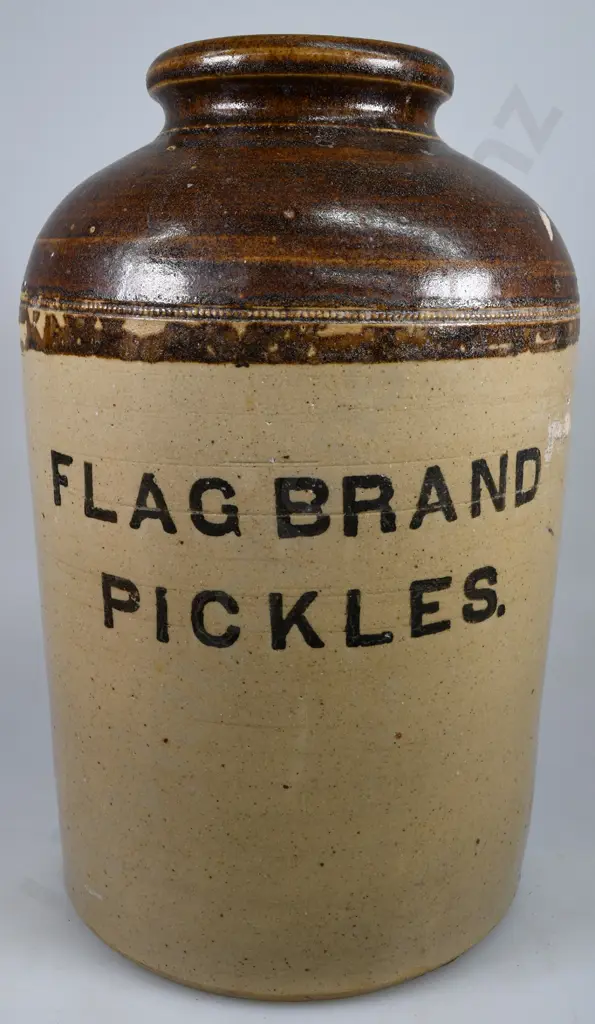 FLAG BRAND PICKLES, 2 GALLON WIDE MOUTH STORAGE CROCK Image 1++
