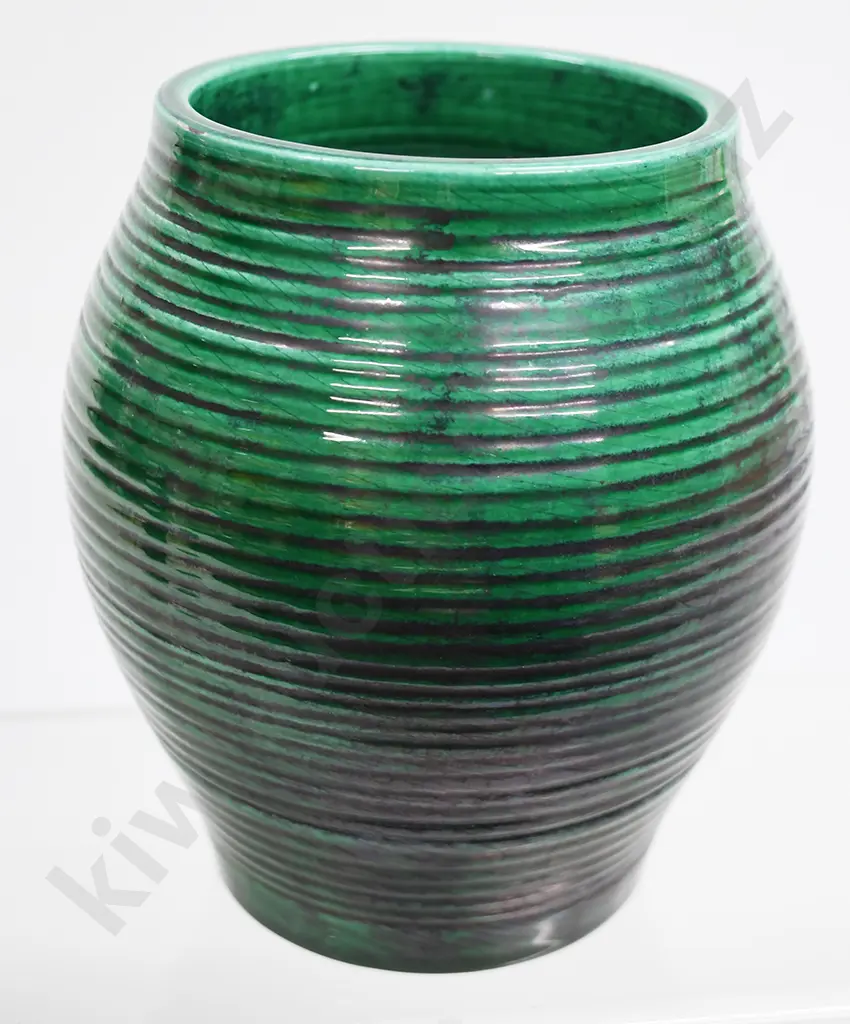 O C STEPHENS RIBBED DARK GREEN VASE Image 1++
