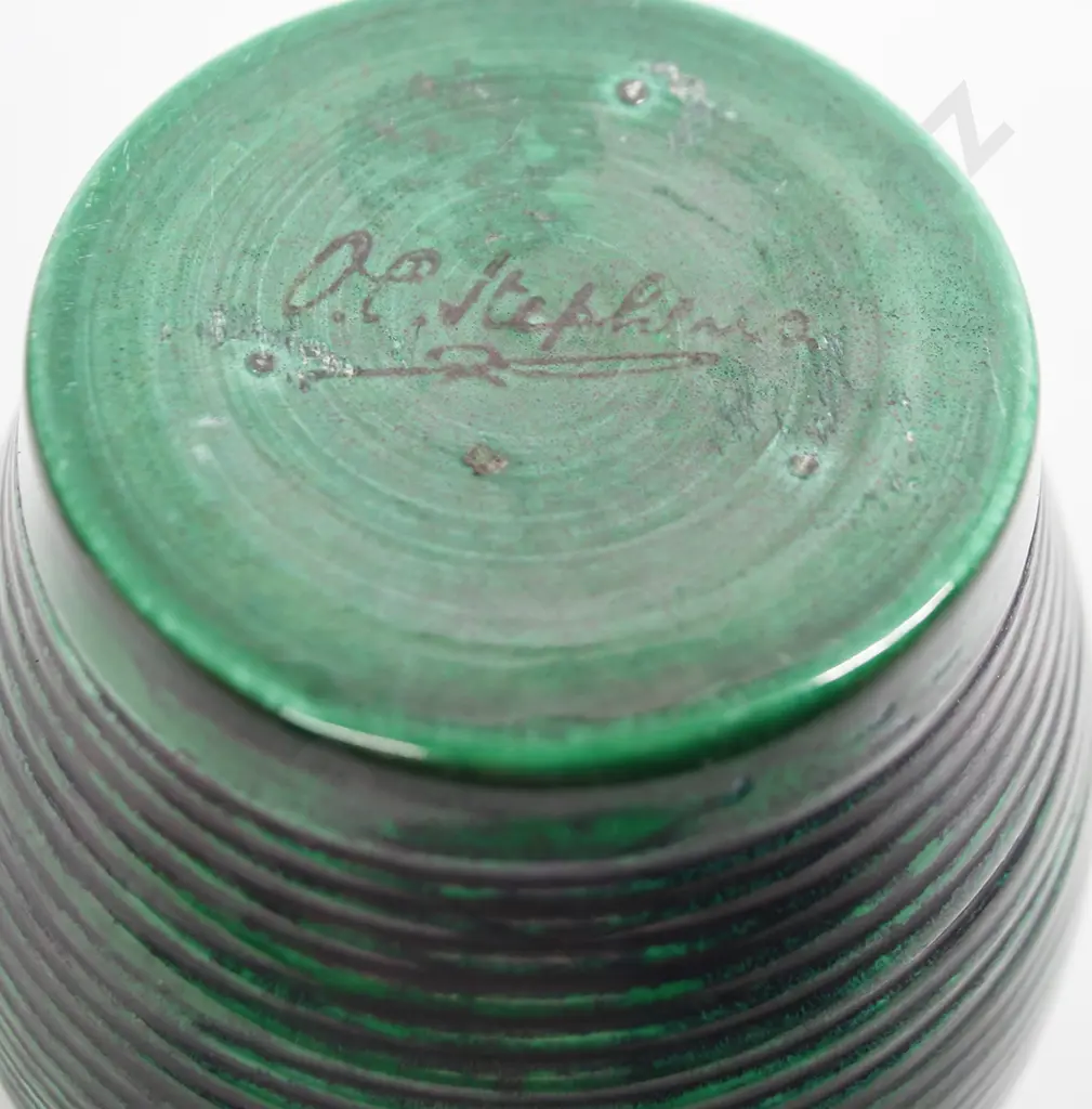 O C STEPHENS RIBBED DARK GREEN VASE Image 1++