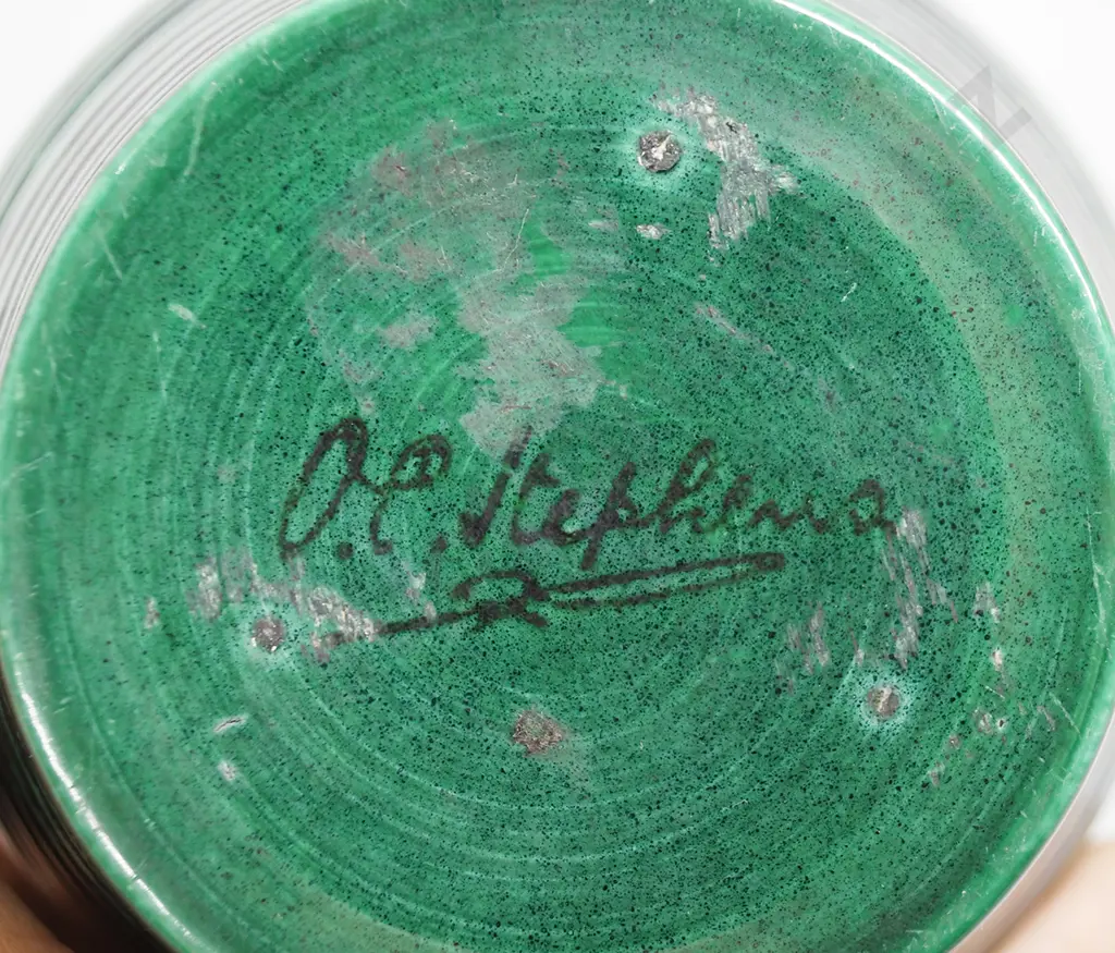 O C STEPHENS RIBBED DARK GREEN VASE Image 1++