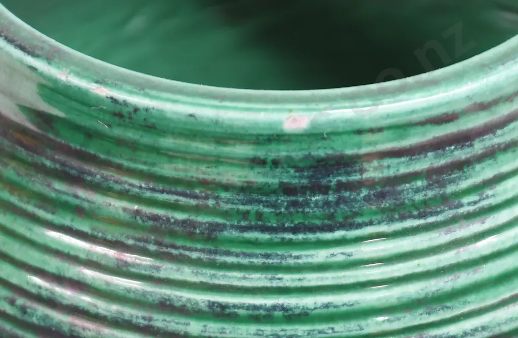 O C STEPHENS RIBBED DARK GREEN VASE Image 1++