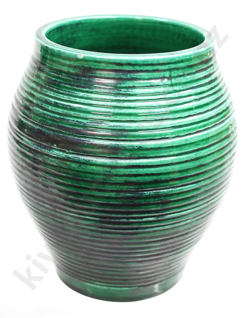 O C STEPHENS RIBBED DARK GREEN VASE Image 1++