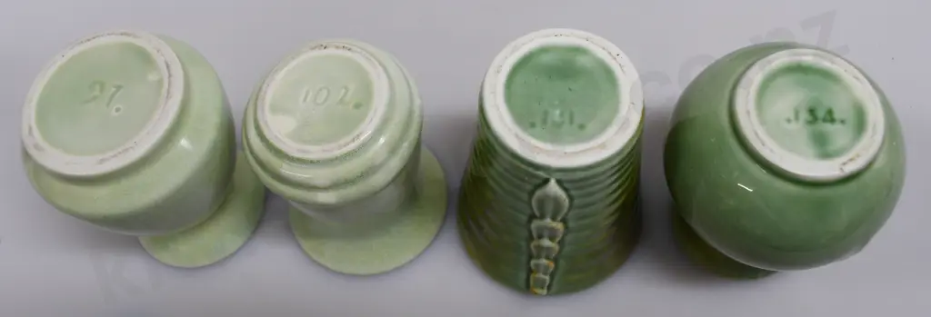CROWN LYNN GREEN MINI VASES NUMBERS 97, 102, 131, 134 Image 1++
