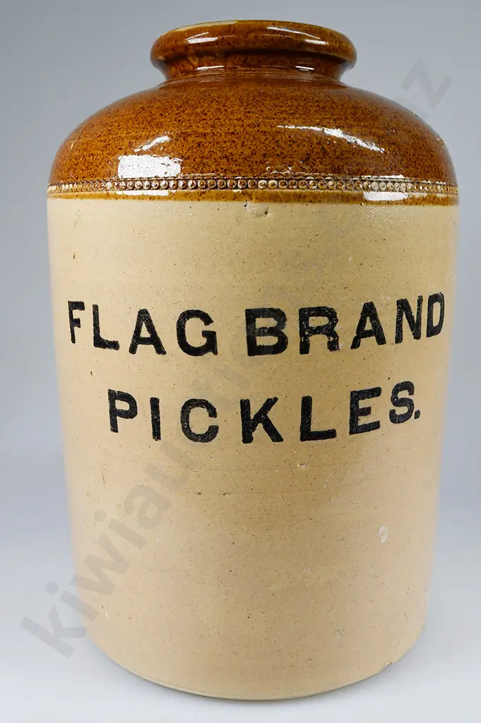 FLAG BRAND PICKLES, 2 GALLON WIDE MOUTH STORAGE CROCK Image 1++