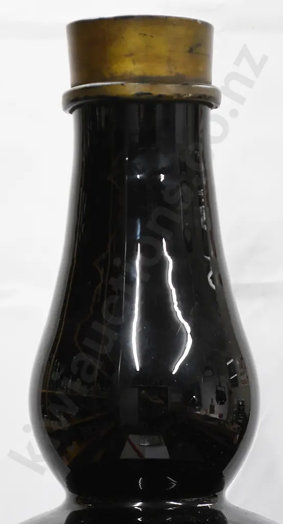EXTRA LARGE BLACK GLASS WHISKY BOTTLE, LABEL FOR PETER DAWSON Image 1++