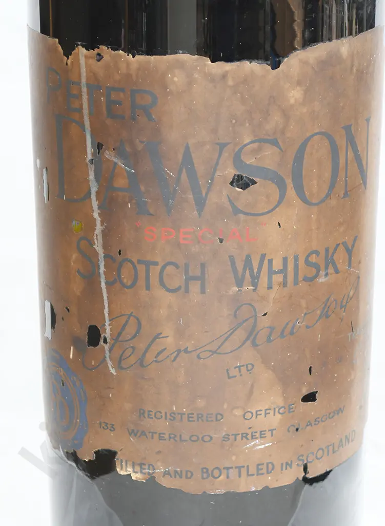 EXTRA LARGE BLACK GLASS WHISKY BOTTLE, LABEL FOR PETER DAWSON Image 1++