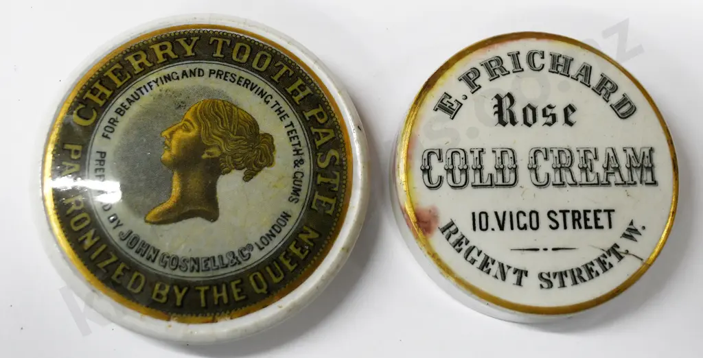 GOSNELL CHERRY TOOTH PASTE, PRICHARD COLD CREAM POT LIDS Image 1++