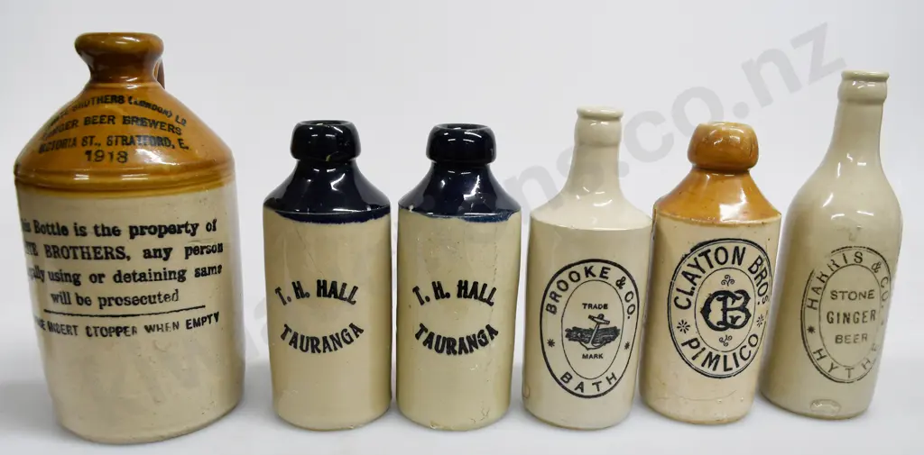 MIXED STONEWARE, HALL TAURANGA, ENGLISH GINGER BEERS, STONE JAR, INK Image 1++