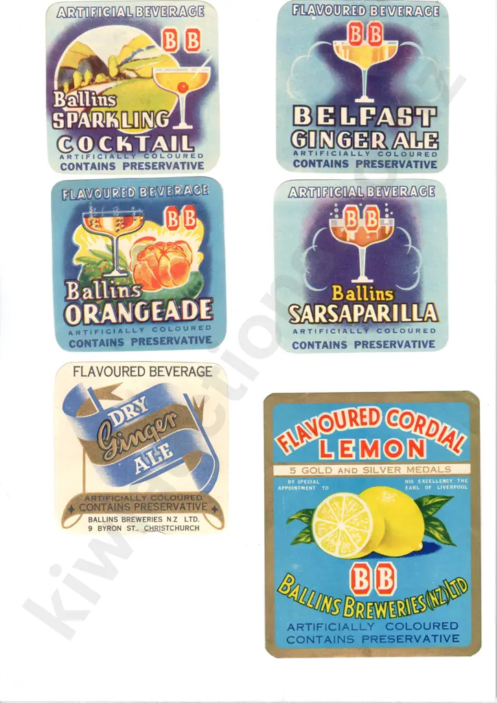 BALLINS CHRISTCHURCH ORIGINAL SOFT DRINK LABELS Image 1++