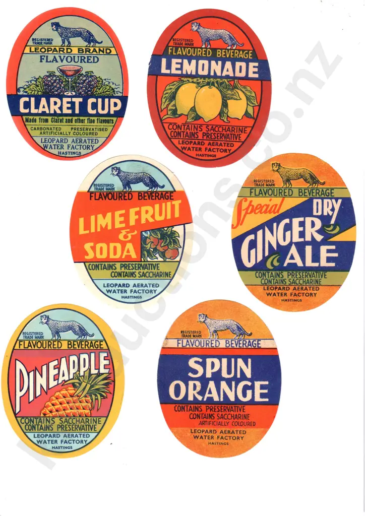 LEOPARD AERATED WATER FACTORY HASTINGS ORIGINAL SOFT DRINK LABELS Image 1++