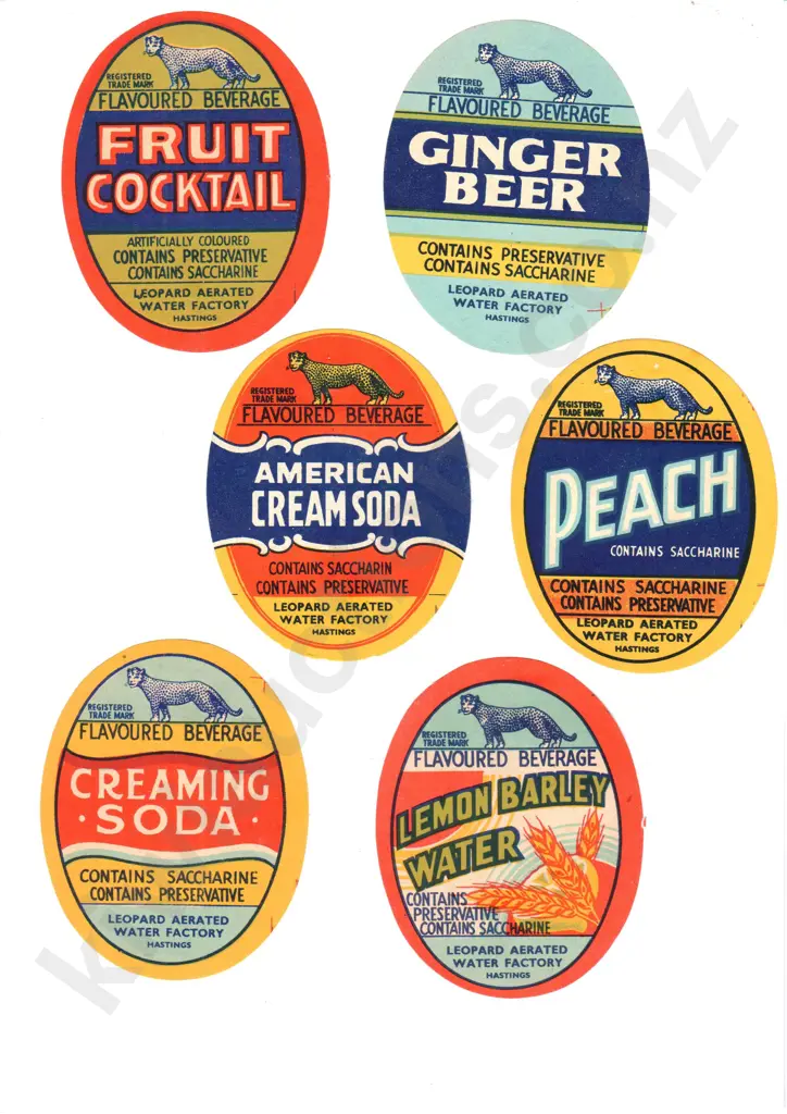 LEOPARD AERATED WATER FACTORY HASTINGS ORIGINAL SOFT DRINK LABELS Image 1++