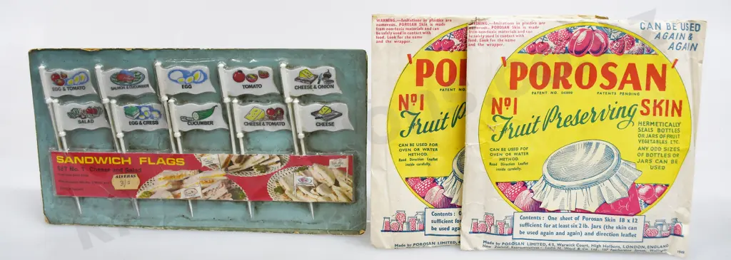 VINTAGE SANDWHICH FLAGS, POROSAN FRUIT PRESERVING SKINS Image 1++