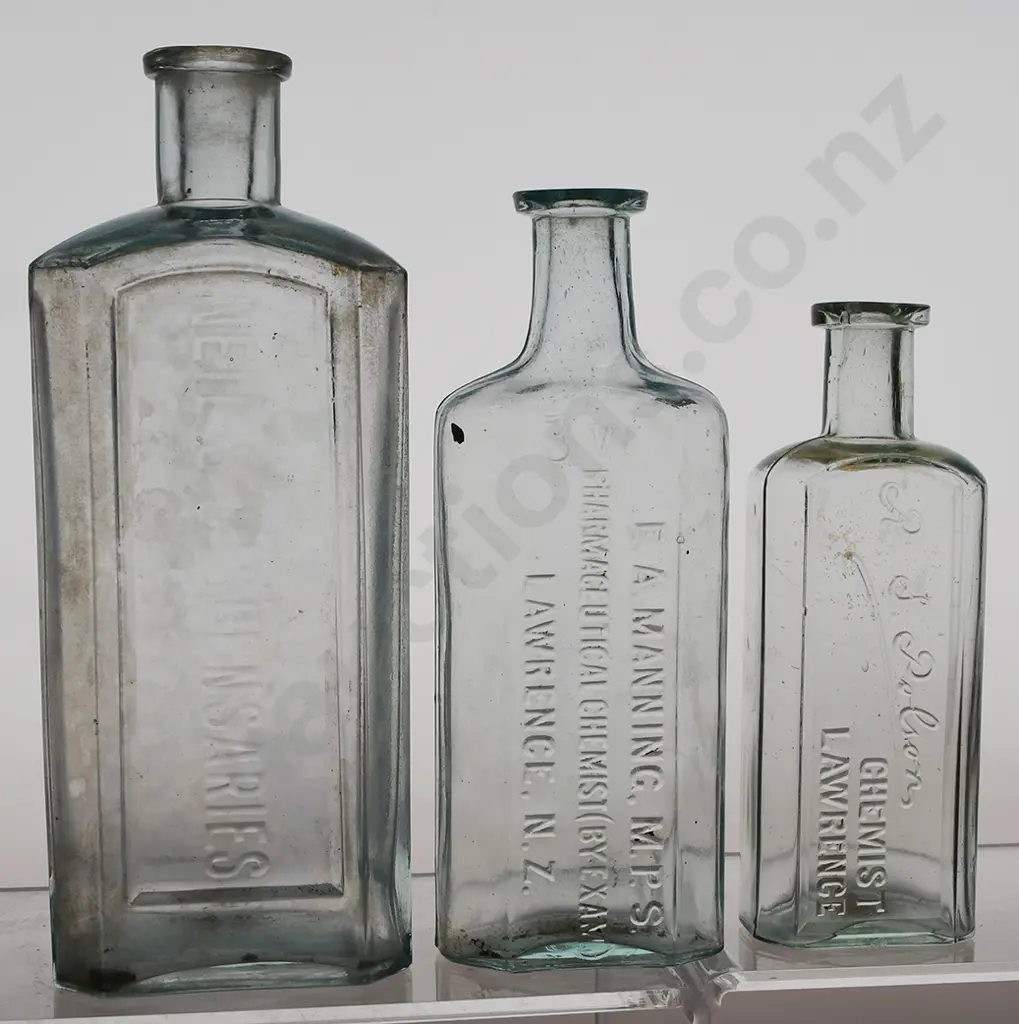 NEIL'S DISPENSARY (DUNEDIN), MANNING, POLSON LAWRENCE CHEMIST BOTTLES Image 1++