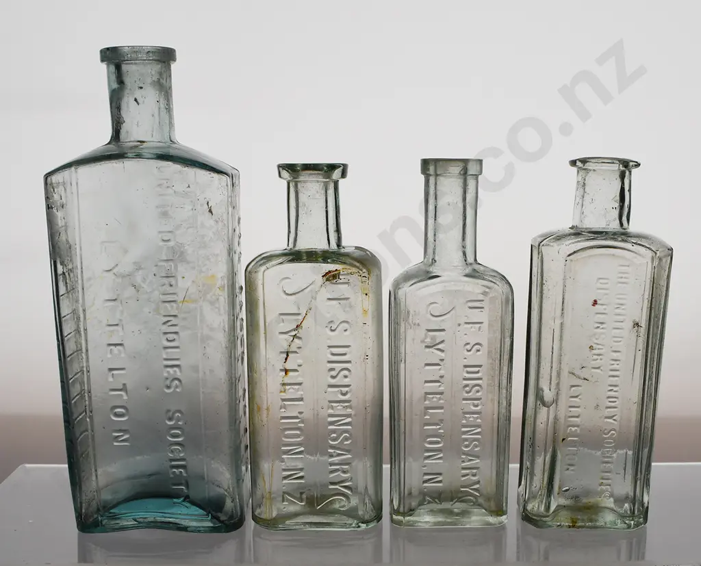 UNITED FRIENDLY SOCIETIES LYTTELTON CHEMIST BOTTLES Image 1++