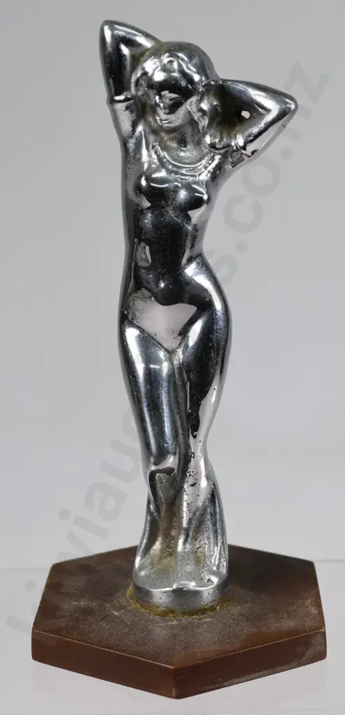 CHROME NUDE LADY ON WOODEN STAND Image 1++