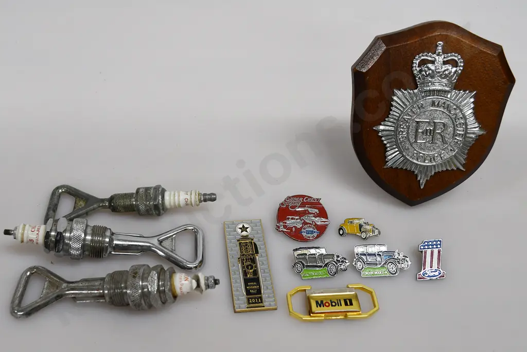 SPARK PLUG BOTTLE OPENERS, CAR BADGES Image 1++