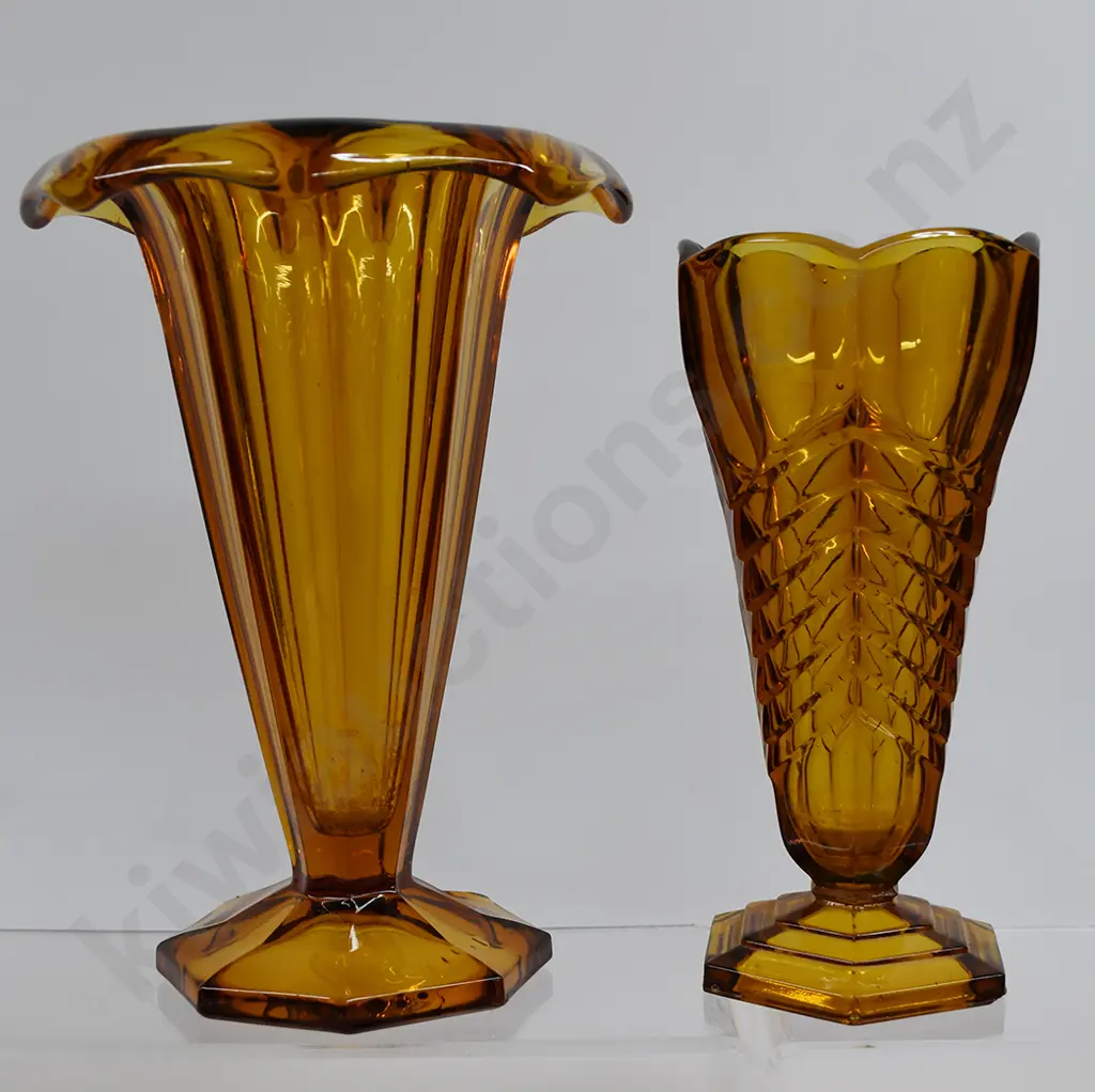PAIR OF AMBER DEPRESSION GLASS VASES Image 1++