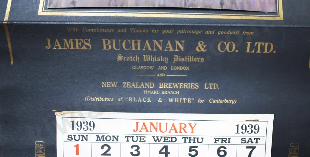JAMES BUCHANAN/N.Z. BREWERIES 1939 CALENDAR Image 1++