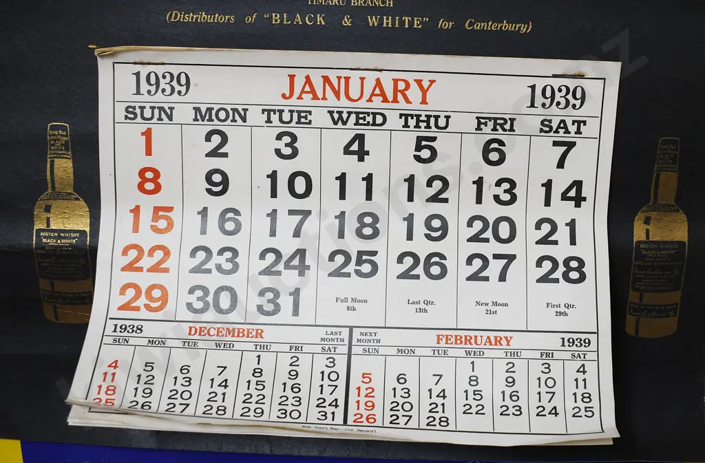 JAMES BUCHANAN/N.Z. BREWERIES 1939 CALENDAR Image 1++