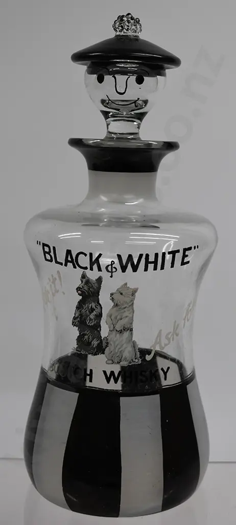 BLACK & WHITE GLASS ADVERTISING DECANTER Image 1++