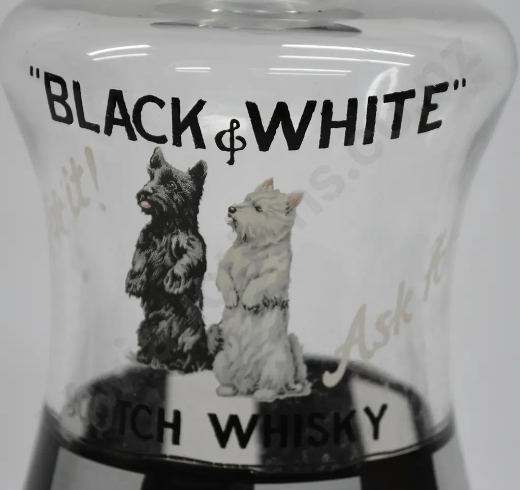 BLACK & WHITE GLASS ADVERTISING DECANTER Image 1++
