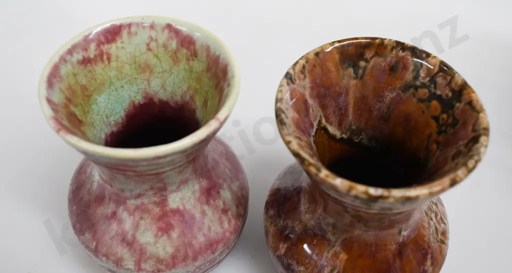 CROWN LYNN PLUM PINK GLAZE MINI VASES Image 1++