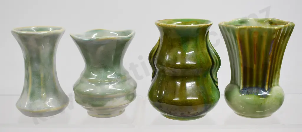 CROWN LYNN GREEN GLAZE MINI VASES Image 1++