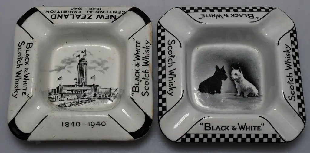 NZ EXHIBITION BLACK & WHITE WHISKY ASHTRAY & BLACK & WHITE  ASHTRAY Image 1++
