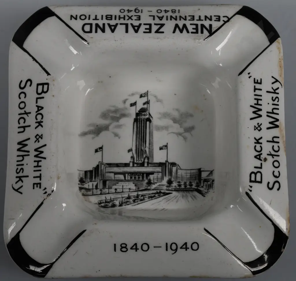 NZ EXHIBITION BLACK & WHITE WHISKY ASHTRAY & BLACK & WHITE  ASHTRAY Image 1++