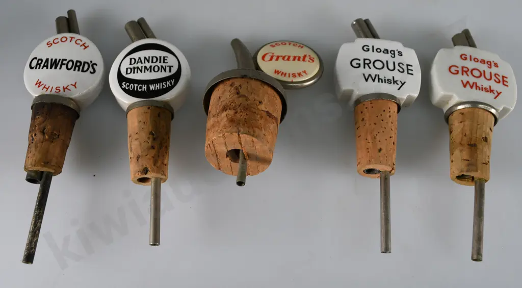 5 ASSORTED WHISKY NIP POURERS Image 1++