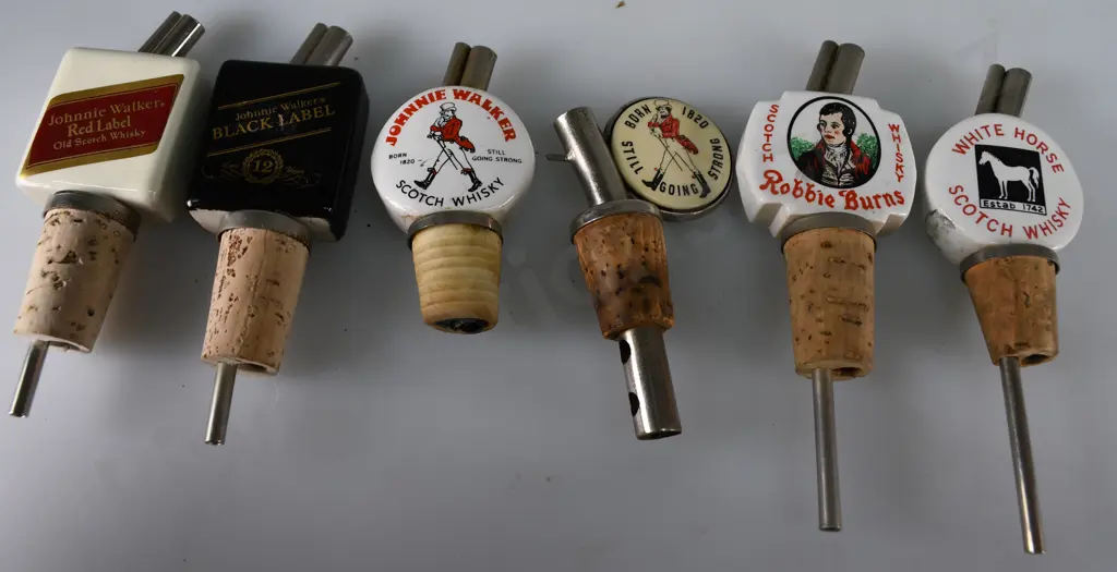 6 ASSORTED WHISKY NIP POURERS Image 1++