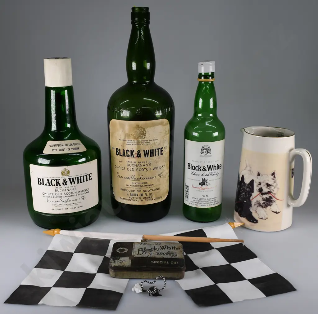 BLACK & WHITE WHISKY BOTTLES ETC Image 1++