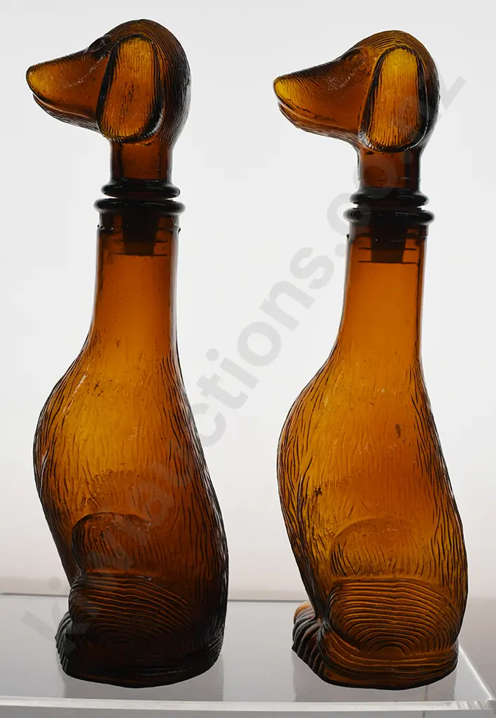 PAIR OF AMBER GLASS DOG DECANTERS Image 1++