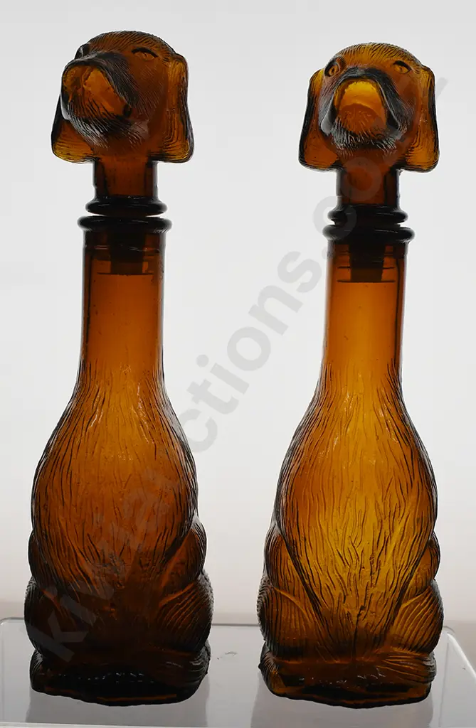 PAIR OF AMBER GLASS DOG DECANTERS Image 1++