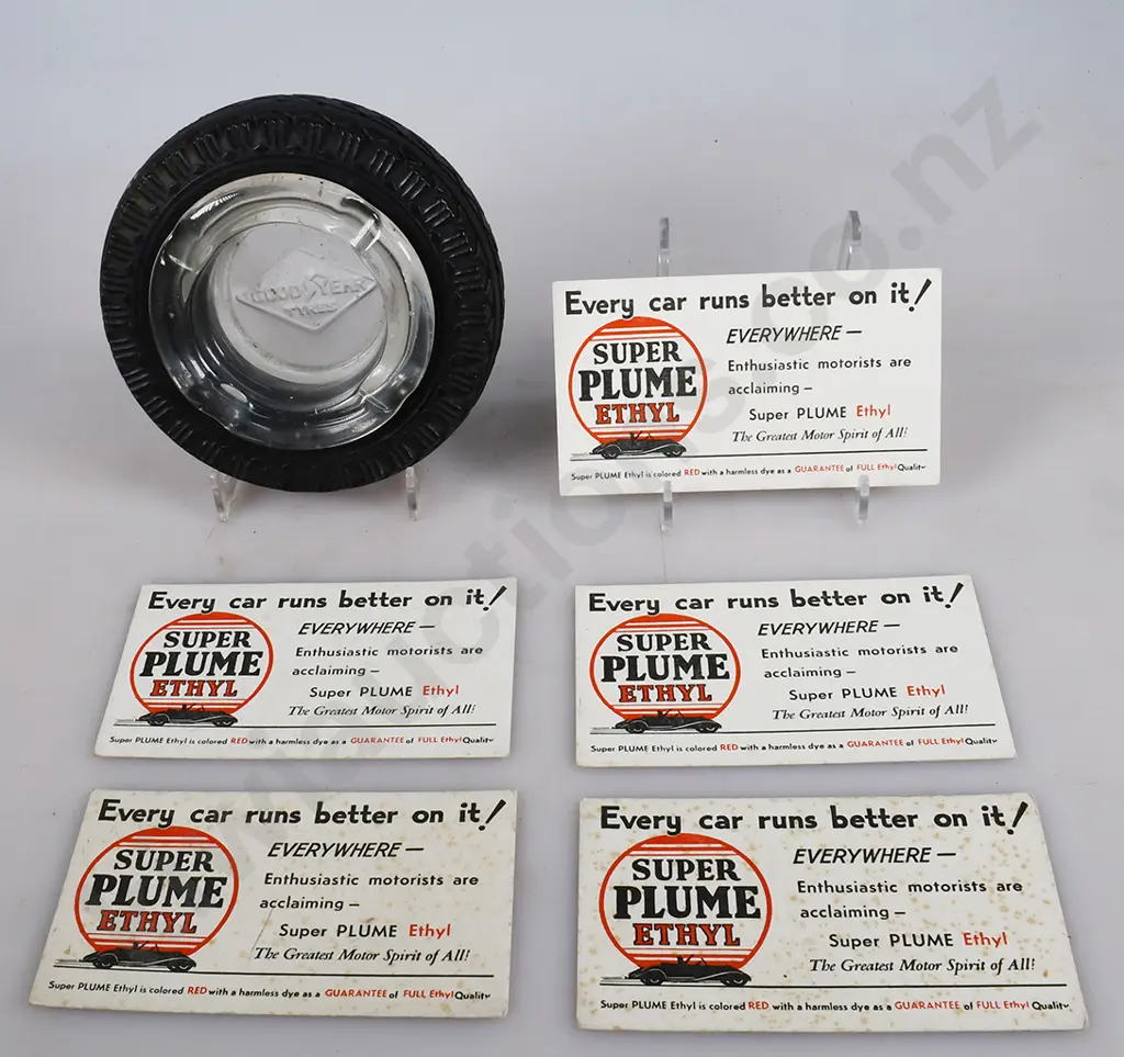 GOODYEAR TYRE ASHTRAY, SUPER PLUME ETHYL MOTOR SPIRIT BLOTTERS Image 1++
