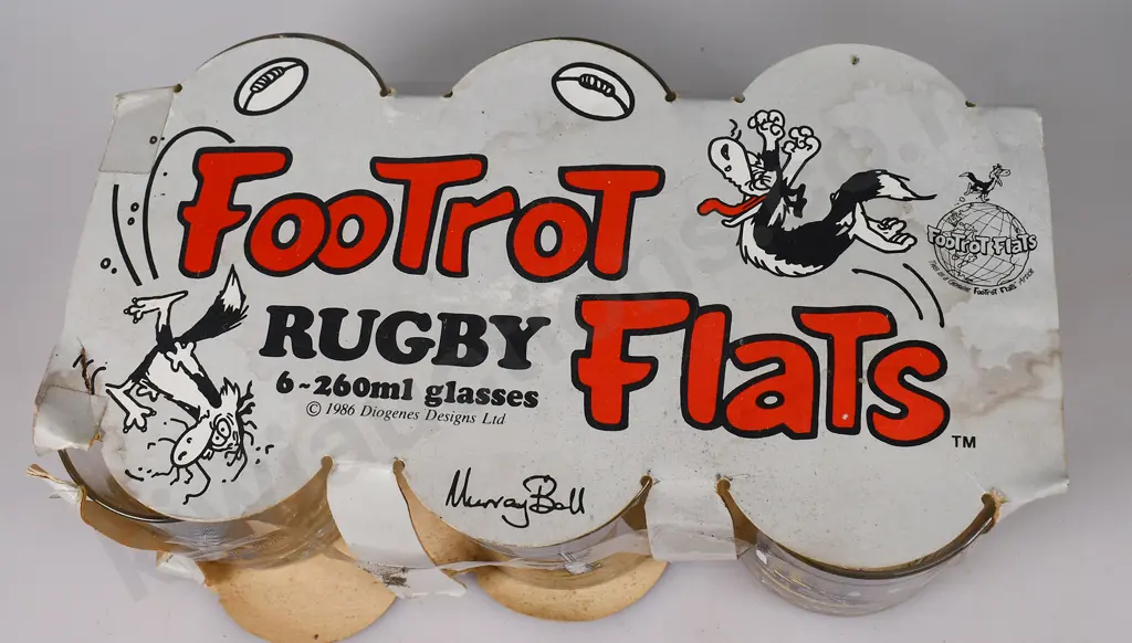 1986 FOOTROT FLATS RUGBY GLASS SET IN ORIGINAL BOX Image 1++