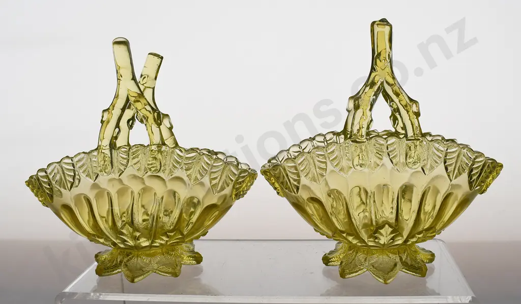 URANIUM GLASS BASKETS, WITH TWIG HANDLES Image 1++