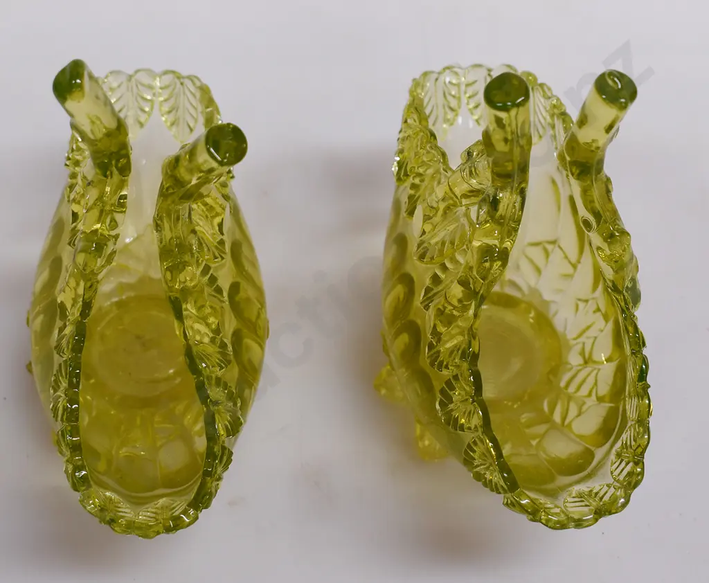 URANIUM GLASS BASKETS, WITH TWIG HANDLES Image 1++