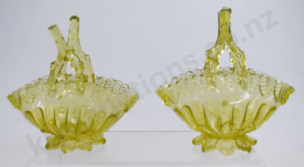 URANIUM GLASS BASKETS, WITH TWIG HANDLES Image 1++